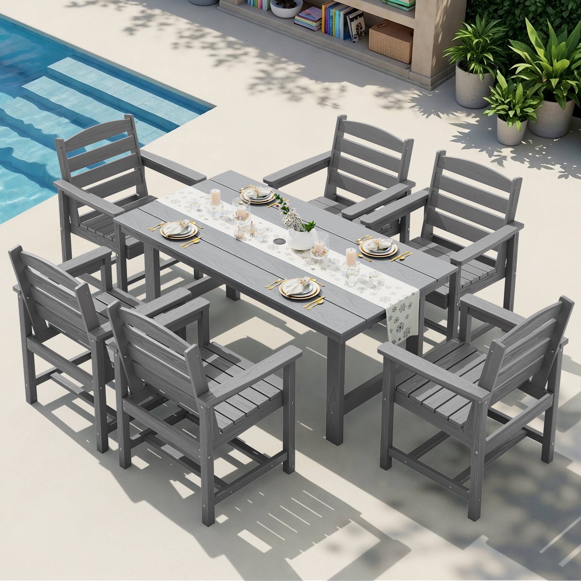 Walmart Black Friday Deals 2025 - KINGYES 7-Piece Outdoor Dining Set, HDPE Patio Table and Chairs with Umbrella Hole, Gray