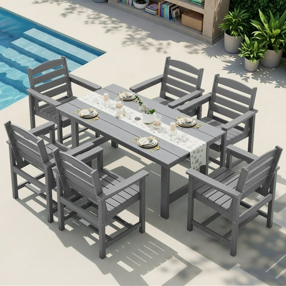 KINGYES 7-Piece Outdoor Dining Set, HDPE Patio Table and Chairs with Umbrella Hole, Gray