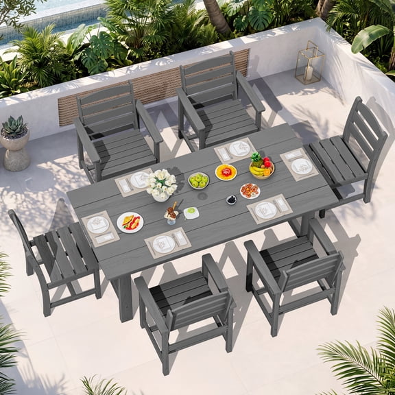 KINGYES 7-Piece Outdoor Dining Set, HDPE Patio Table and Chairs with Umbrella Hole, Gray