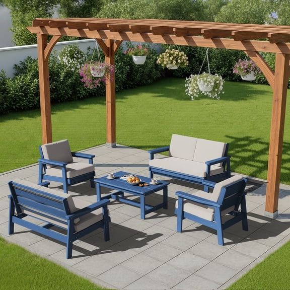 KINGYES 7PC Outdoor Conversation Set, All-Weather HDPE Patio Sofa Set with Cushions, 2 Armchairs, 2 Loveseats & Coffee Table for Patio, Porch, Backyard, Blue Frame with Khaki Cushion