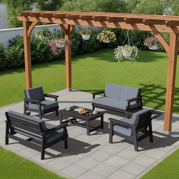 KINGYES 7PC Outdoor Conversation Set, All-Weather HDPE Patio Sofa Set with Cushions, 2 Armchairs, 2 Loveseats & Coffee Table for Patio, Porch, Backyard, Grey Frame with Grey Cushion
