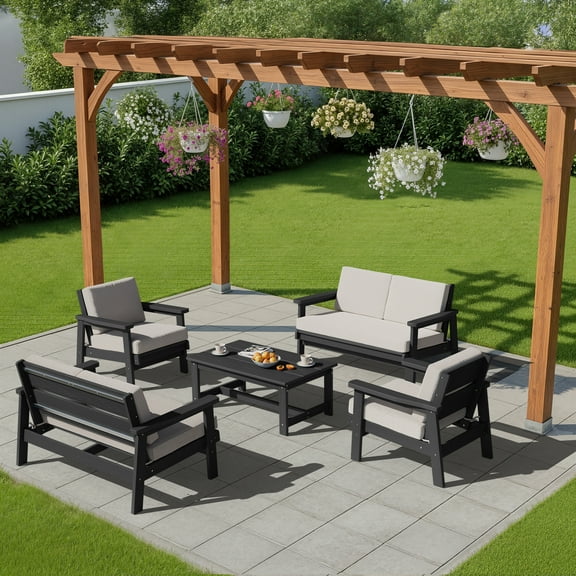 KINGYES 7PC Outdoor Conversation Set, All-Weather HDPE Patio Sofa Set with Cushions, 2 Armchairs, 2 Loveseats & Coffee Table for Patio, Porch, Backyard, Grey Frame with Khaki Cushion