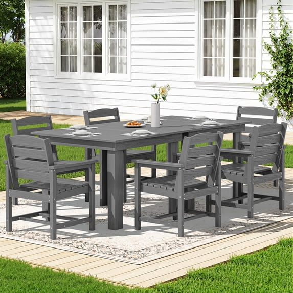 KINGYES 8-Piece HDPE Outdoor Dining Set for 6, Square Patio Table & Armchairs with Umbrella Hole, All-Weather Patio Dining Set for Backyard, Garden, Lawn & Poolside, Gray