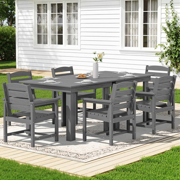 KINGYES 8-Piece HDPE Outdoor Dining Set for 6, Square Patio Table & Armchairs with Umbrella Hole, All-Weather Patio Dining Set for Backyard, Garden, Lawn & Poolside, Gray