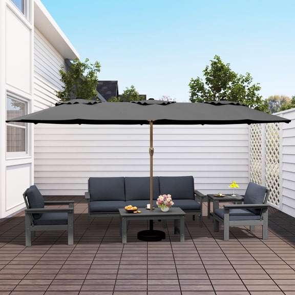 KINGYES 8-Piece HDPE Patio Furniture Set with Umbrella, All-Weather Outdoor Modular Sectional Sofa Set, Patio Conversation Set, Grey Frame with Grey Cushions