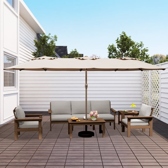 KINGYES 8 Piece HDPE Patio Furniture Set with Umbrella, All Weather Outdoor Modular Sectional Sofa Set, Patio Conversation Set, Brown Frame with Beige Cushions