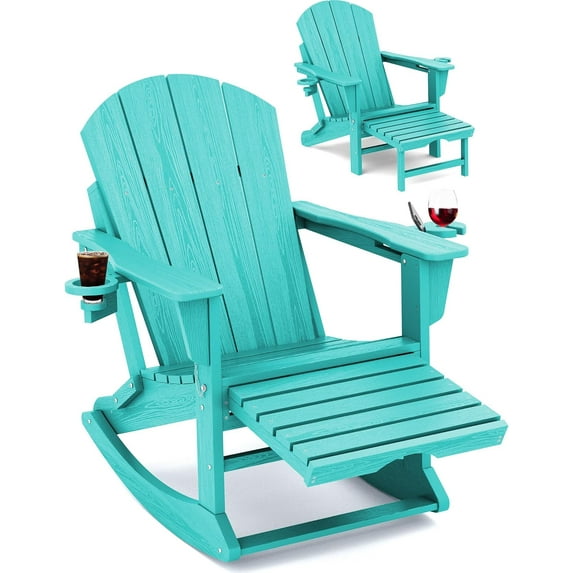 KINGYES Adirondack Rocking Chair with Retractable Ottoman and Cup Holders, HDPE Adirondack Rocker Patio Rocking Chair for Porch, Patio, Balcony, Blue