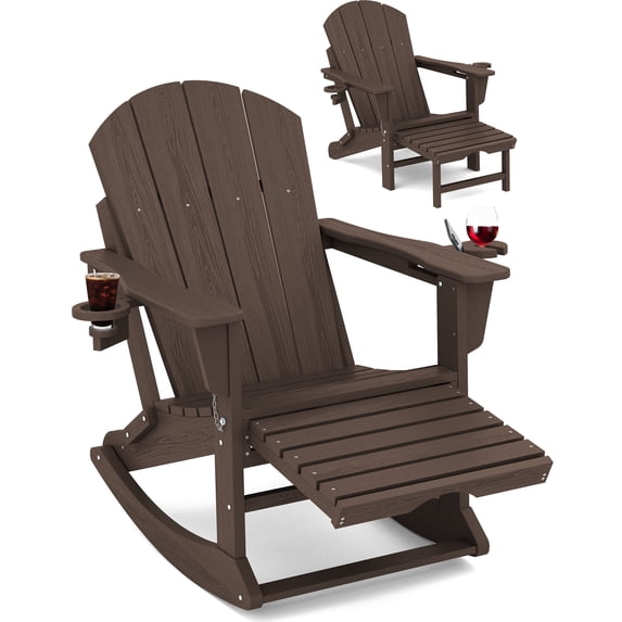 KINGYES Adirondack Rocking Chair with Retractable Ottoman and Cup Holders, HDPE Adirondack Rocker Patio Rocking Chair for Porch, Patio, Balcony, Coffee