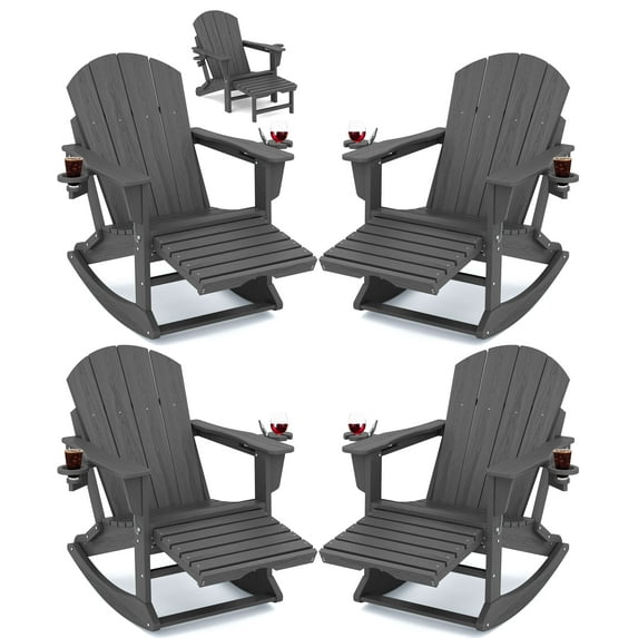 KINGYES Adirondack Rocking Chair Set of 4 with Retractable Ottoman and Cup Holders, HDPE Adirondack Rocker Patio Rocking Chair for Porch, Patio, Balcony, Gray