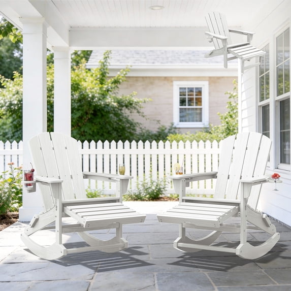 KINGYES Adirondack Rocking Chair Set of 2 with Retractable Ottoman and Cup Holders, HDPE Adirondack Rocker, Patio Rocking Chair for Porch, Patio, White