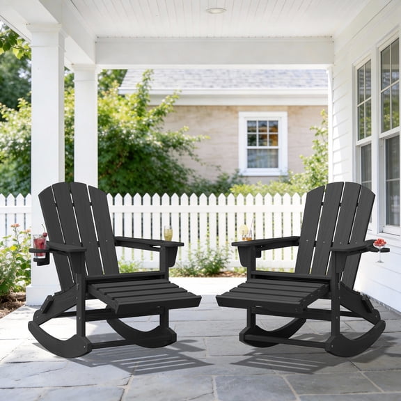 KINGYES Adirondack Rocking Chair with Retractable Ottoman and Cup Holders, HDPE Adirondack Rocker, Patio Rocking Chair for Porch, Patio