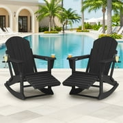 KINGYES Folding Adirondack Rocker Chair Set of 2 W/ Footrest & Dual Cup Holders, HDPE Outdoor Patio Rocking Chair, Black