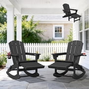 KINGYES Adirondack Rocking Chair Set of 2 with Retractable Ottoman and Cup Holders, HDPE Adirondack Rocker, Patio Rocking Chair for Porch, Patio, Black