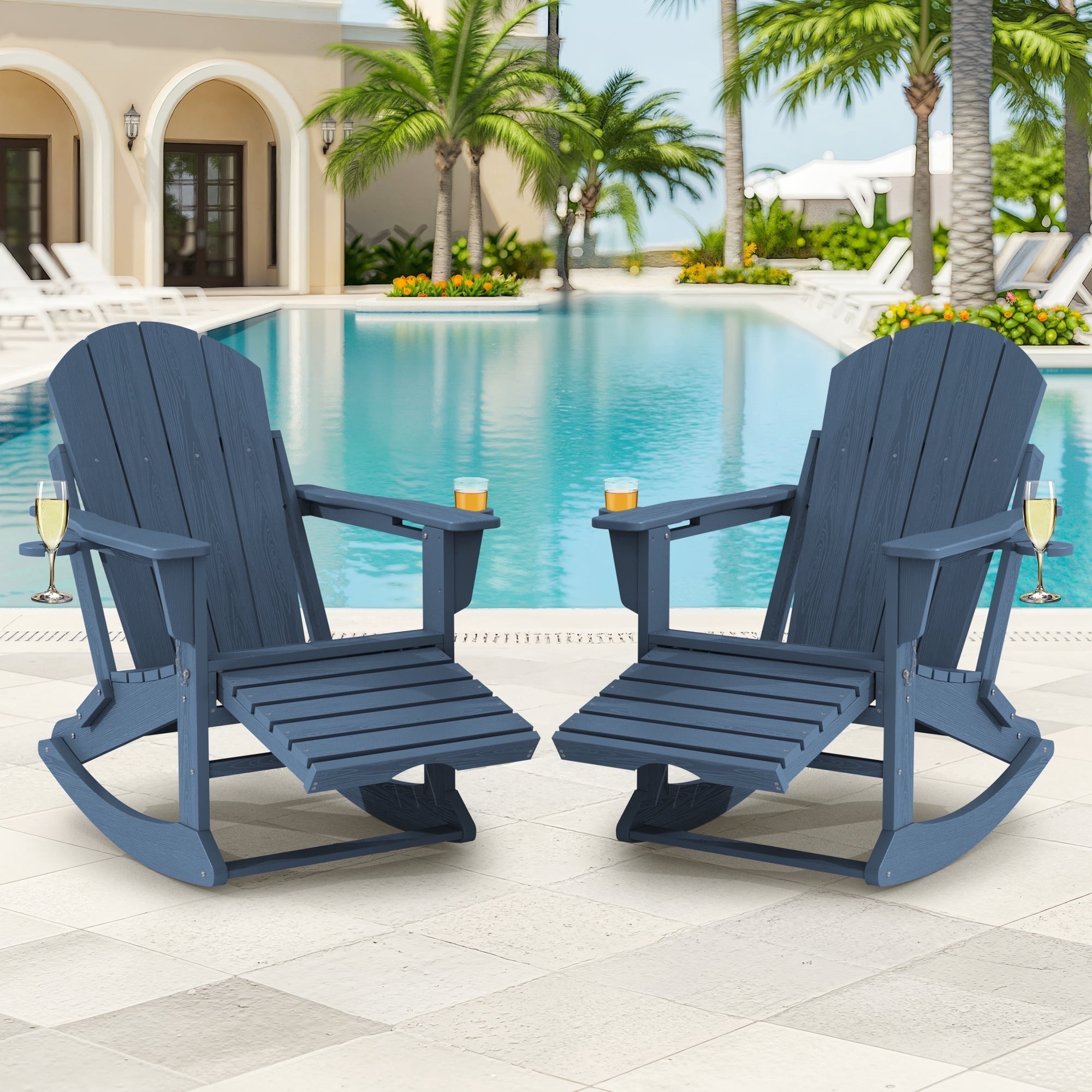 KINGYES Folding Adirondack Rocker Chairs Set of 2, HDPE Resin, Blue ...