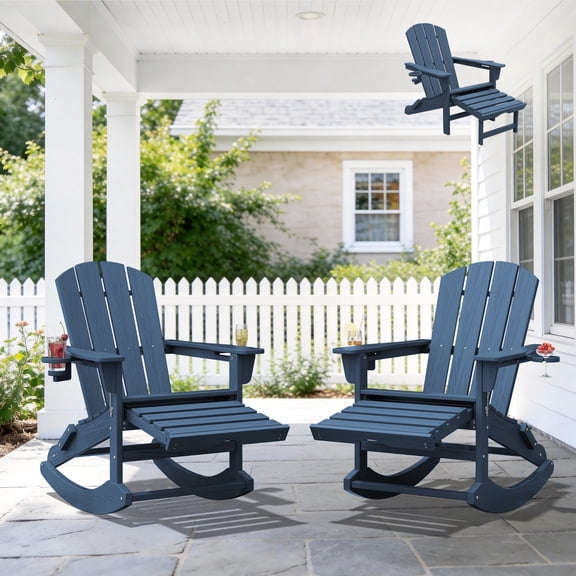 KINGYES Adirondack Rocking Chair Set of 2 with Retractable Ottoman and Cup Holders, HDPE Adirondack Rocker, Patio Rocking Chair for Porch, Patio, Blue