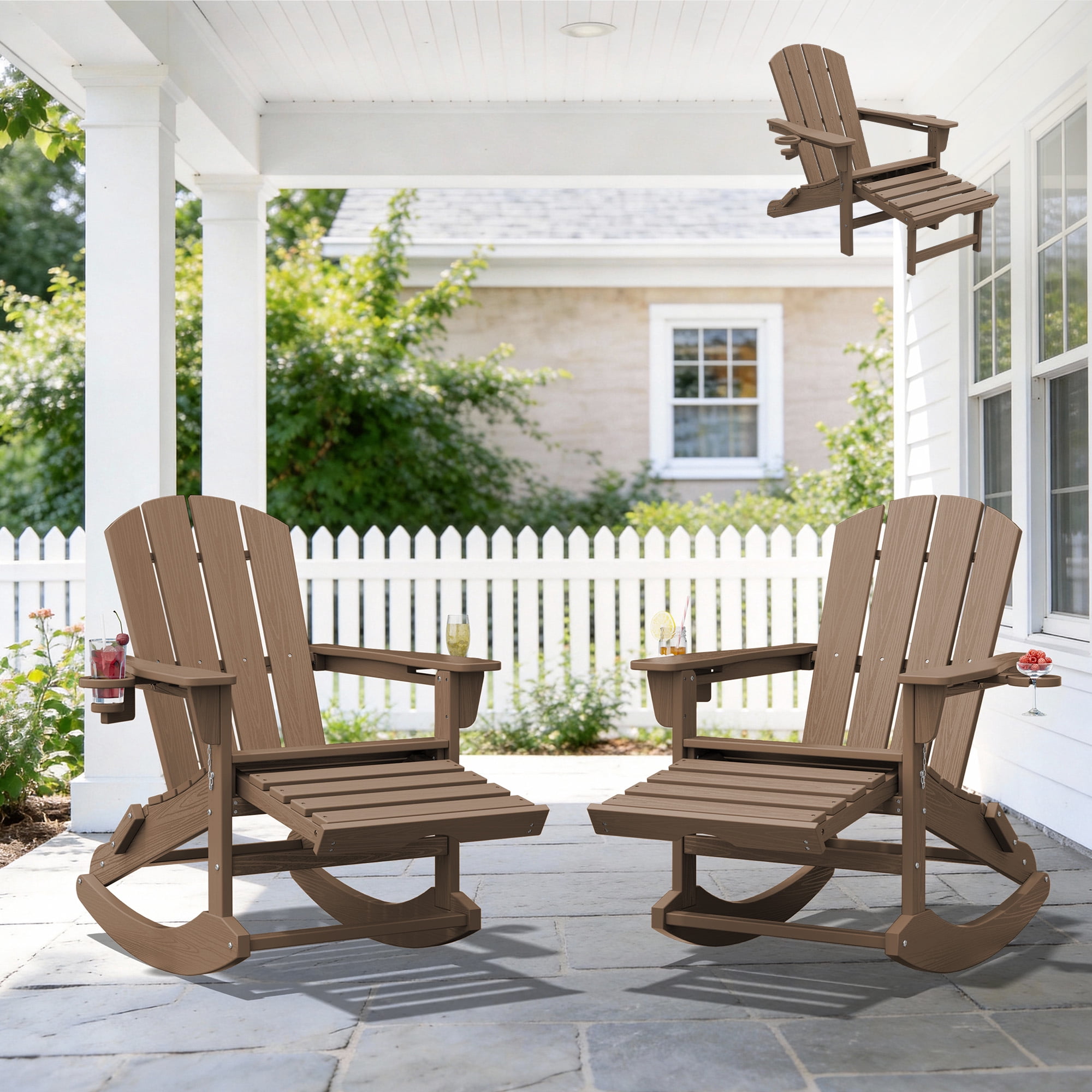 KINGYES Adirondack Rocking Chair Set of 2 with Retractable Ottoman and Cup Holders, HDPE Adirondack Rocker, Patio Rocking Chair for Porch, Patio, Brown