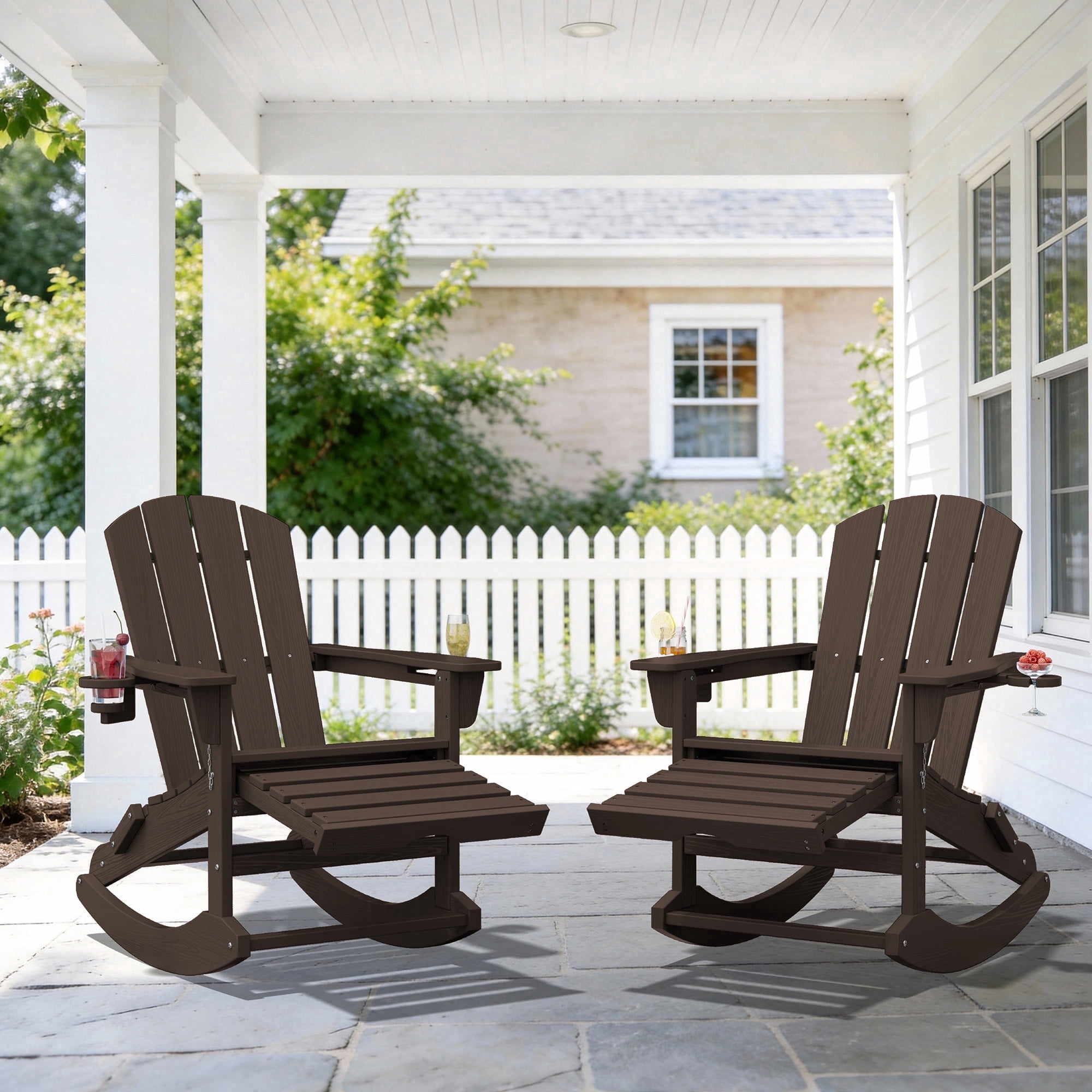 KINGYES Adirondack Rocking Chair Set of 2 with Retractable Ottoman and Cup Holders, HDPE Adirondack Rocker, Patio Rocking Chair for Porch, Patio, Coffee