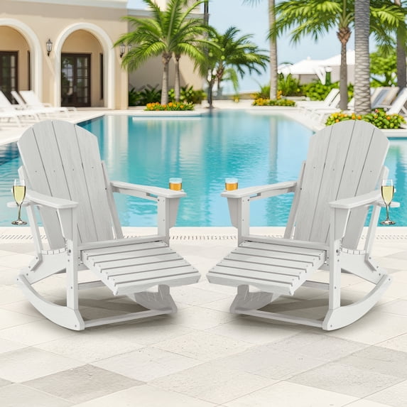 KINGYES Folding Adirondack Rocker Chair Set of 2 W/ Footrest & Dual Cup Holders, HDPE Outdoor Patio Rocking Chair, White
