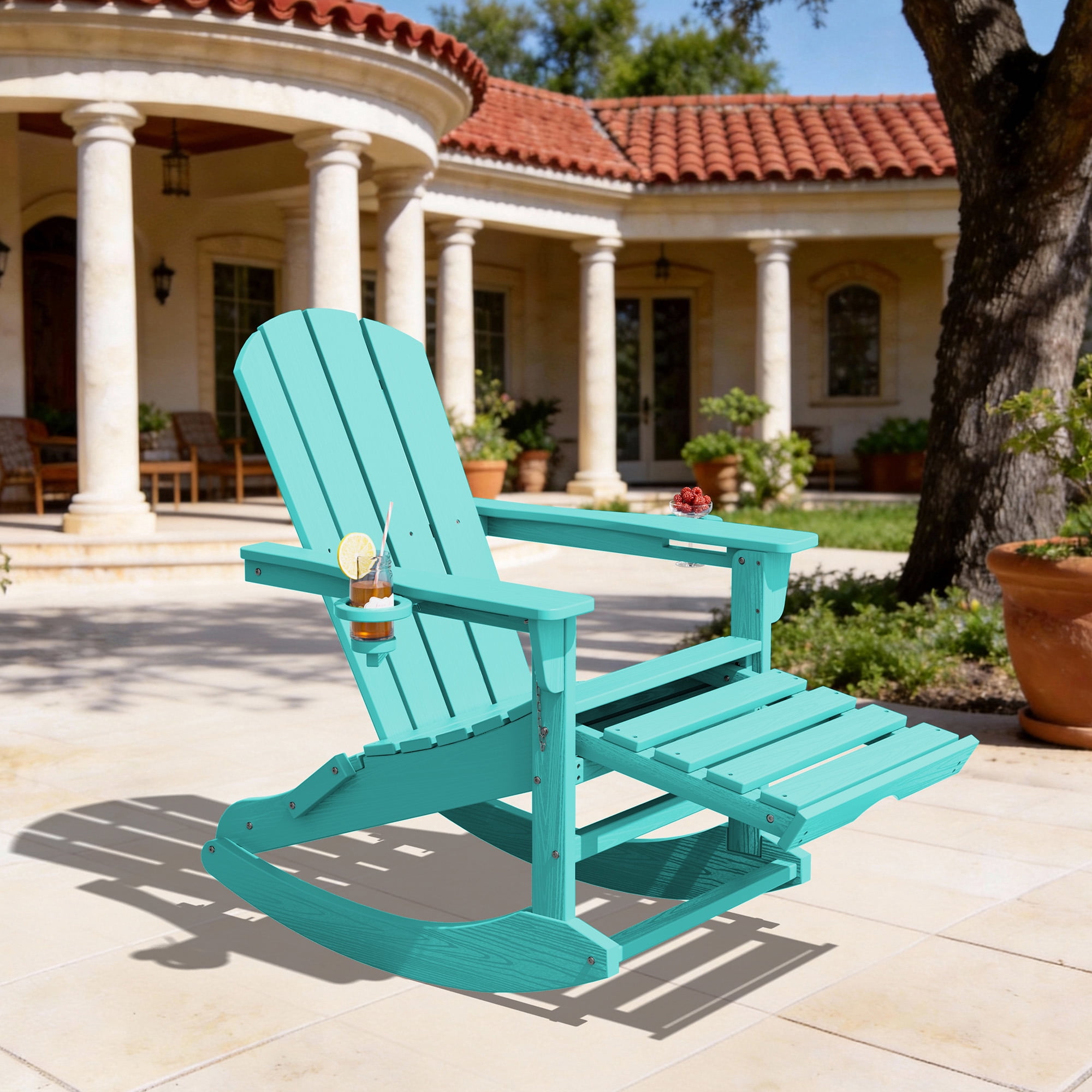 KINGYES Adirondack Rocking Chair with Retractable Ottoman and Cup Holders, HDPE Adirondack Rocker, Patio Rocking Chair for Porch, Patio