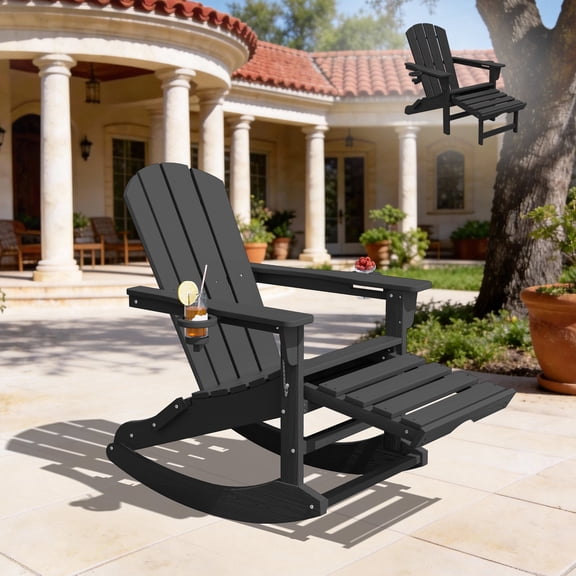 KINGYES Adirondack Rocking Chair with Retractable Ottoman and Cup Holders, HDPE Adirondack Rocker, Patio Rocking Chair for Porch, Patio