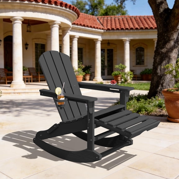 KINGYES Adirondack Rocking Chair with Retractable Ottoman and Cup Holders, HDPE Adirondack Rocker, Patio Rocking Chair for Porch, Patio