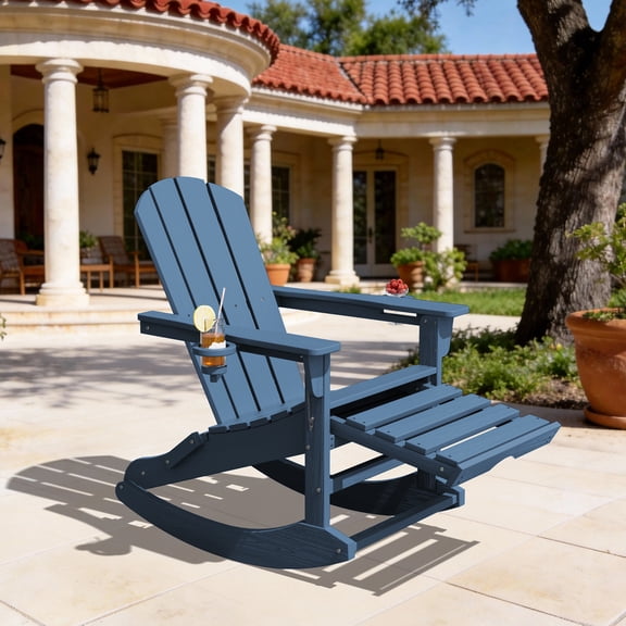 KINGYES Adirondack Rocking Chair with Retractable Ottoman and Cup Holders, HDPE Adirondack Rocker, Patio Rocking Chair for Porch, Patio