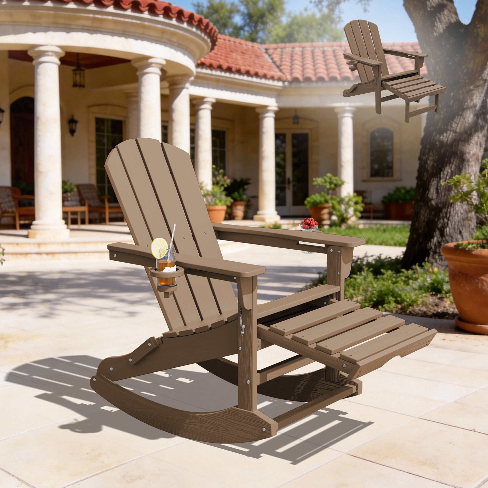KINGYES Adirondack Rocking Chair with Retractable Ottoman and Cup Holders, HDPE Adirondack Rocker, Patio Rocking Chair for Porch, Patio