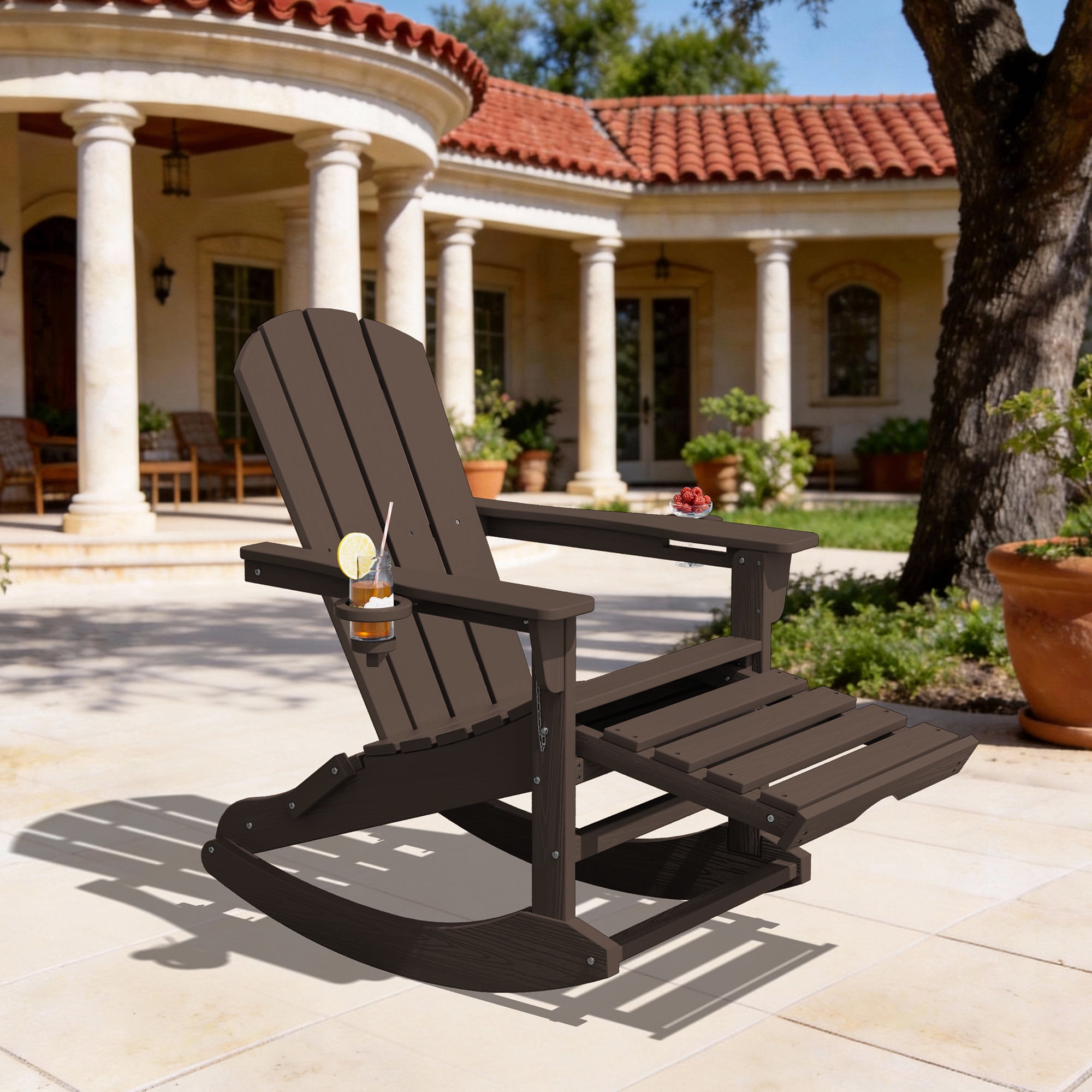 KINGYES Adirondack Rocking Chair with Retractable Ottoman and Cup Holders, HDPE Adirondack Rocker, Patio Rocking Chair for Porch, Patio