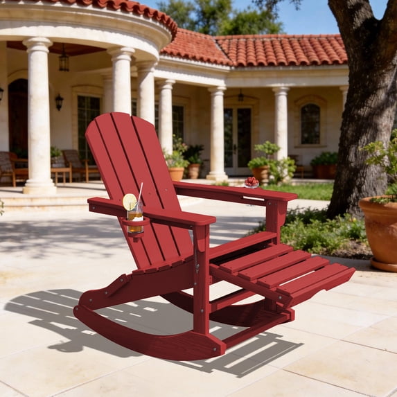 KINGYES Adirondack Rocking Chair with Retractable Ottoman and Cup Holders, HDPE Adirondack Rocker, Patio Rocking Chair for Porch, Patio
