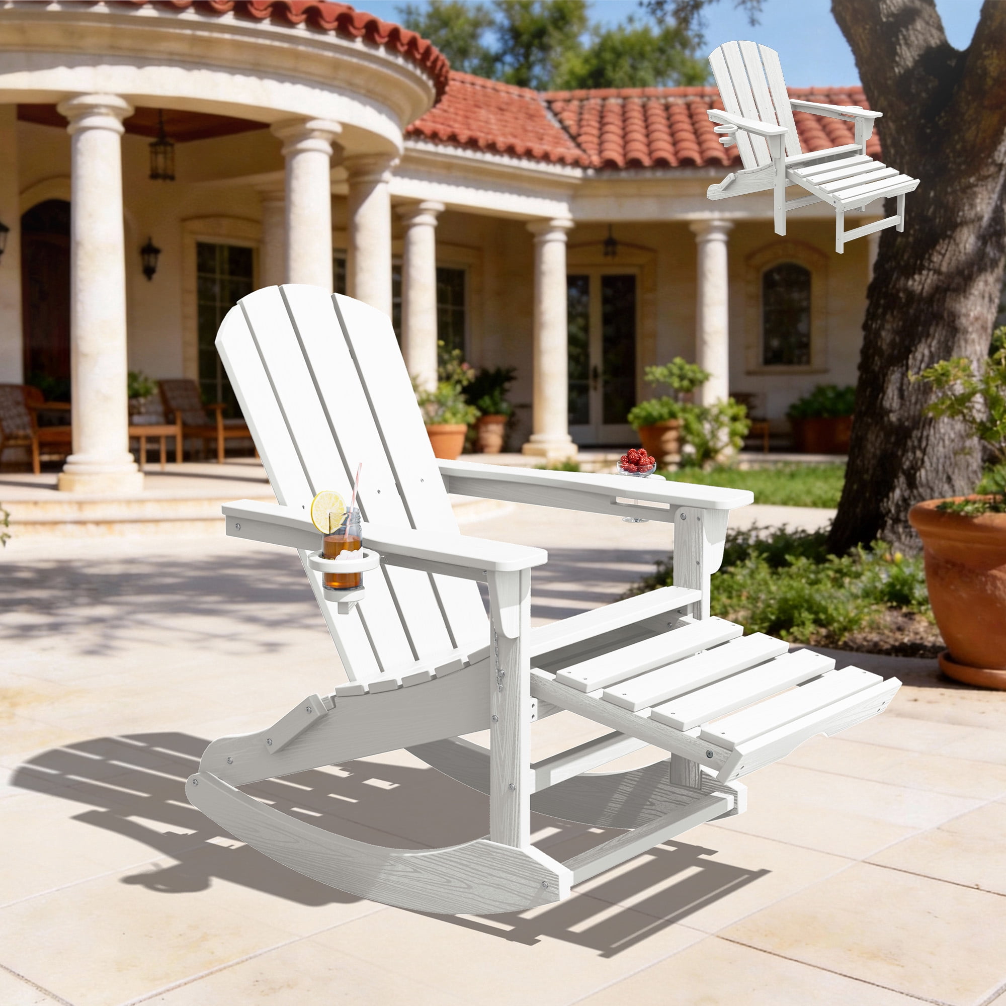 KINGYES Adirondack Rocking Chair with Retractable Ottoman and Cup Holders, HDPE Adirondack Rocker, Patio Rocking Chair for Porch, Patio