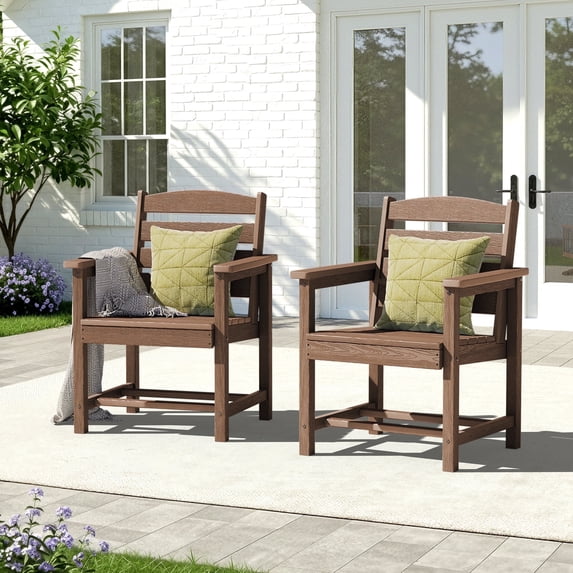 KINGYES All Weather Outdoor Dining Chairs Set of 2, HDPE Oversized Patio Chairs, Brown