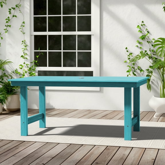 KINGYES All Weather Outdoor Dining Table with Umbrella Hole, HDPE Rectangular Patio Table for Backyard, Garden, Porch, Deck, Aruba Blue