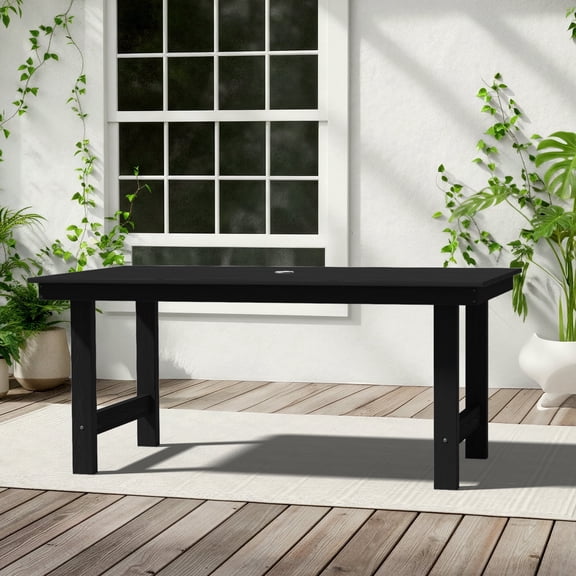 KINGYES All Weather Outdoor Dining Table with Umbrella Hole, HDPE Rectangular Patio Table for Backyard, Garden, Porch, Deck, Black