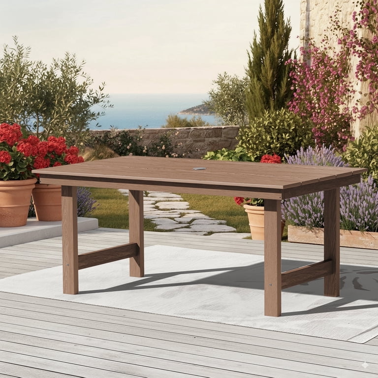 brown patio table with umbrella hole Outsunny 37" Garden Outdoor Dining for 4, Square Table Hole, Mixed like top with a textured black finish gives your outdoor space a stylish look Brazos 7 Piece Outdoor Patio