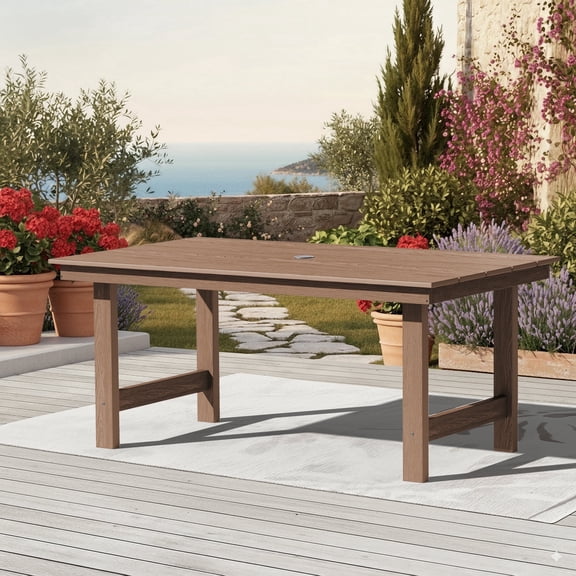 KINGYES All Weather Outdoor Dining Table with Umbrella Hole, HDPE Rectangular Patio Table for Backyard, Garden, Porch, Deck, Brown