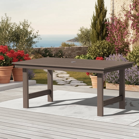 KINGYES All Weather Outdoor Dining Table with Umbrella Hole, HDPE Rectangular Patio Table for Backyard, Garden, Porch, Deck, Dark Brown