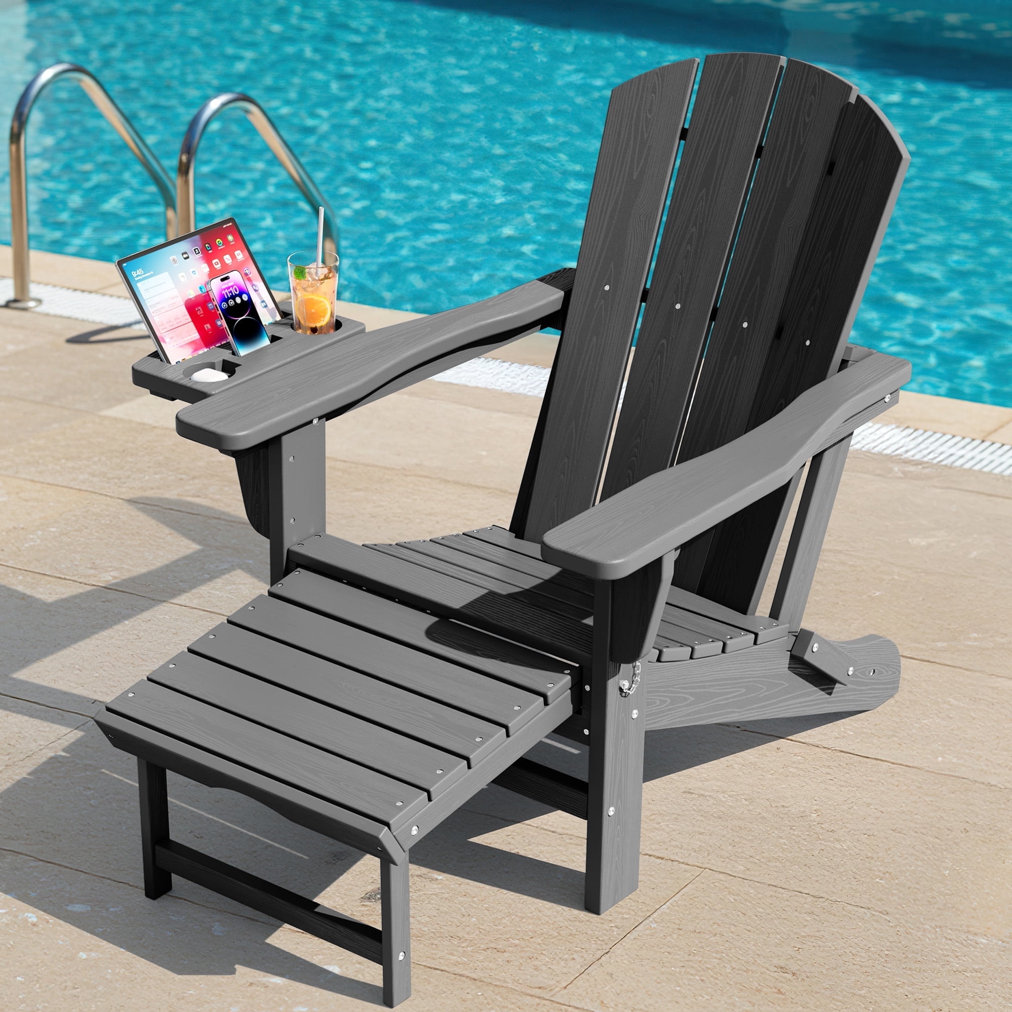 KINGYES Folding Adirondack Chair, Adjustable Backrest with Pull-Out Footrest & 4-in-1 Mobile Phone, Tablet, Cup Holder Tray, HDPE Plastic Adirondack Chair for Patio Garden Outdoors Fire Pit