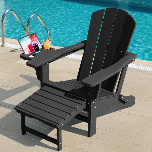 KINGYES Folding Adirondack Chair, Adjustable Backrest with Pull-Out Footrest & 4-in-1 Mobile Phone, Tablet, Cup Holder Tray, HDPE Plastic Adirondack Chair for Patio Garden Outdoors Fire Pit