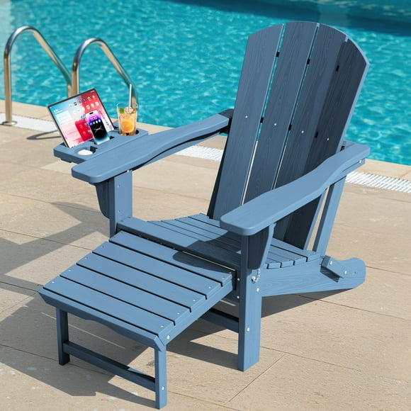 KINGYES Folding Adirondack Chair, Adjustable Backrest with Pull-Out Footrest & 4-in-1 Mobile Phone, Tablet, Cup Holder Tray, HDPE Plastic Adirondack Chair for Patio Garden Outdoors Fire Pit