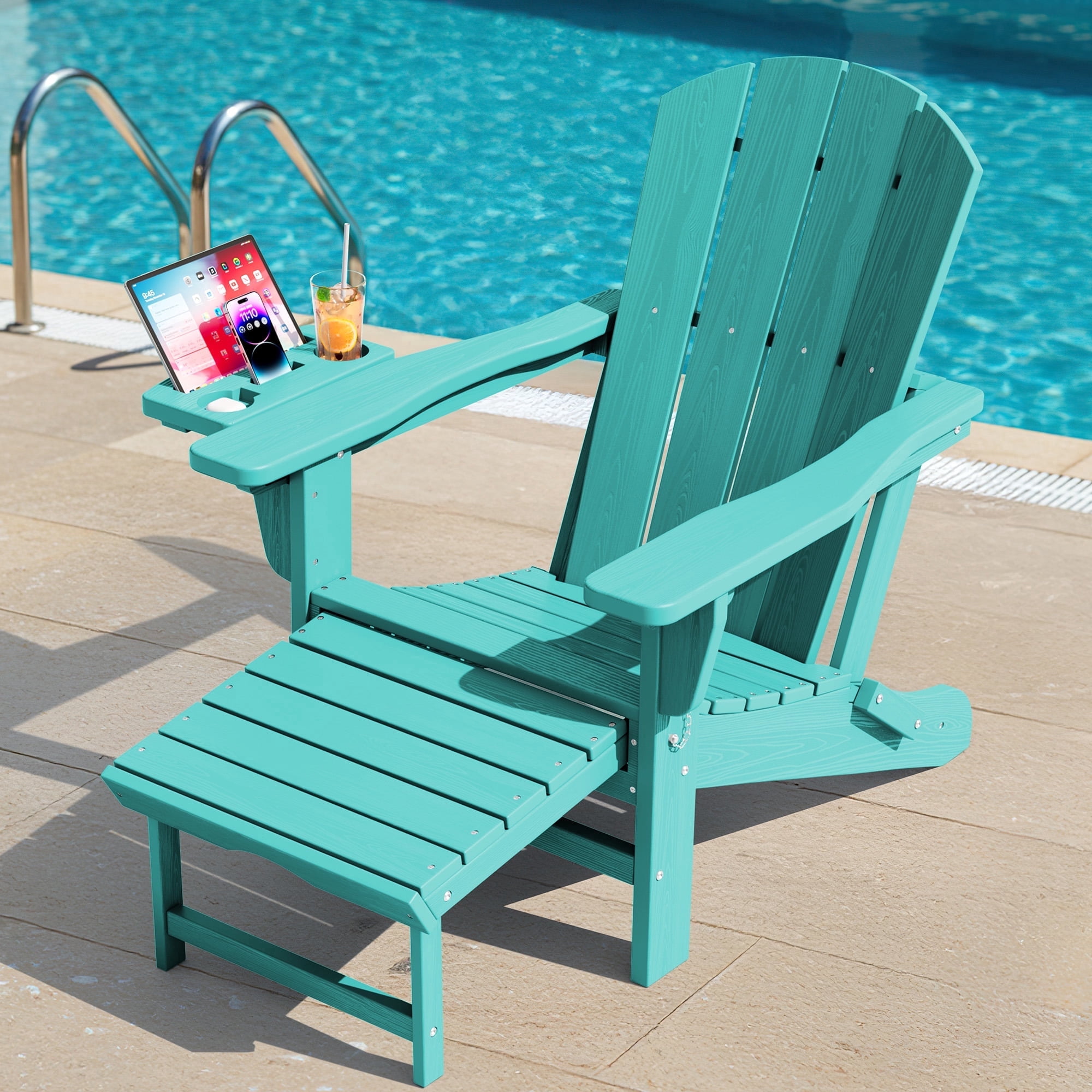 KINGYES Folding Adirondack Chair, Adjustable Backrest with Pull-Out Footrest & 4-in-1 Mobile Phone, Tablet, Cup Holder Tray, HDPE Plastic Adirondack Chair for Patio Garden Outdoors Fire Pit