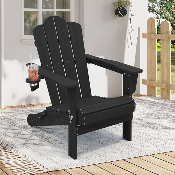 KINGYES Outdoor Folding Adirondack Chair with Cup Holders, HDPE Adirondack Fir Pit Chairs for Patio Porch Garden Backyard Deck, Black
