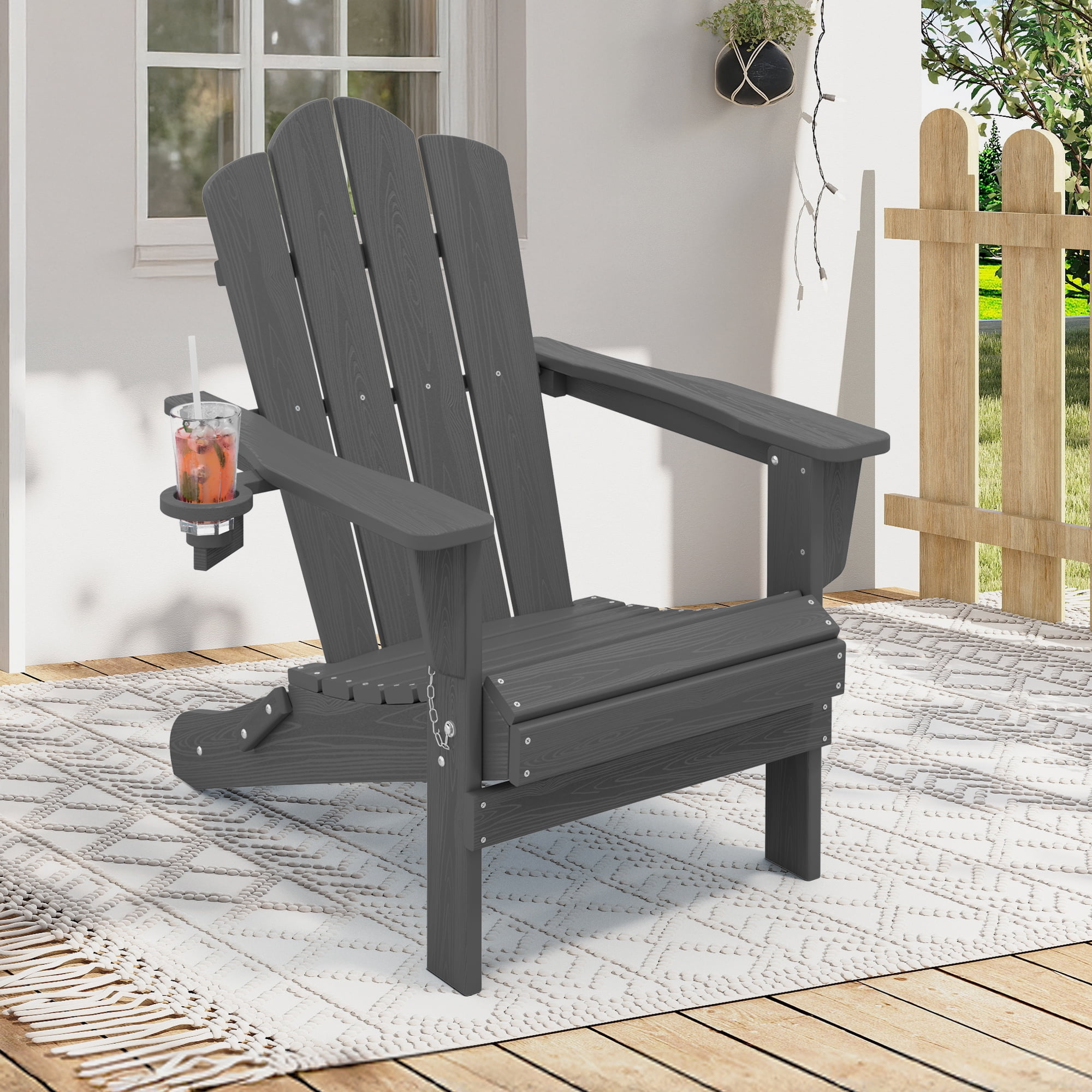 KINGYES Outdoor Folding Adirondack Chair, HDPE All-Weather Patio Fir Pit Chairs, Gray