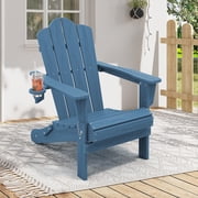 KINGYES Folding HDPE Adirondack Chair, All-Weather Outdoor Fir Pit Chairs for Patio Garden Backyard, Navy Blue