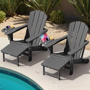 KINGYES Folding Adirondack Chair set of 2, Adjustable Backrest with Pull-Out Footrest & 4-in-1 Mobile Phone, Tablet, Cup Holder Tray, HDPE Plastic Adirondack Chair for Patio Garden Outdoors Fire Pit
