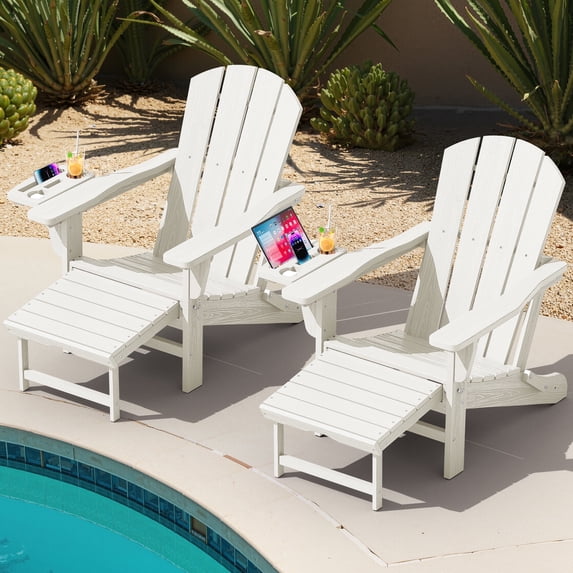 KINGYES Folding Adirondack Chair set of 2, Adjustable Backrest with Pull-Out Footrest & 4-in-1 Mobile Phone, Tablet, Cup Holder Tray, HDPE Plastic Adirondack Chair for Patio Garden Outdoors Fire Pit