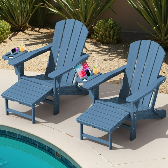 KINGYES Folding Adirondack Chair set of 2, Adjustable Backrest with Pull-Out Footrest & 4-in-1 Mobile Phone, Tablet, Cup Holder Tray, HDPE Plastic Adirondack Chair for Patio Garden Outdoors Fire Pit