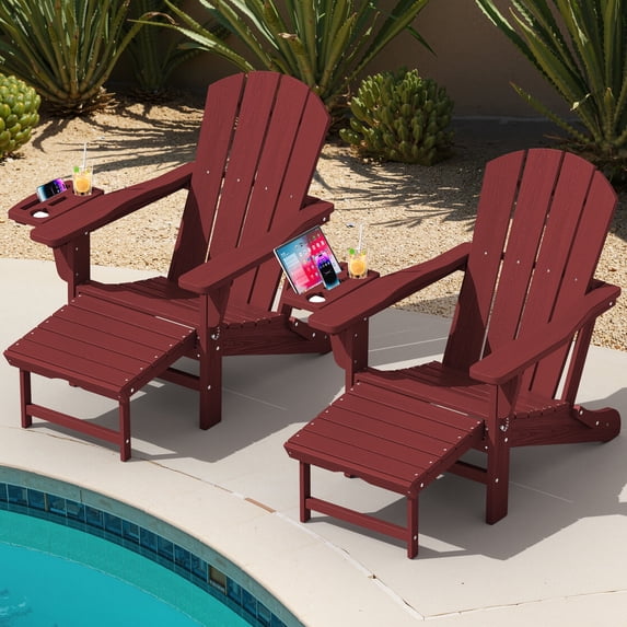 KINGYES Folding Adirondack Chair set of 2, Adjustable Backrest with Pull-Out Footrest & 4-in-1 Mobile Phone, Tablet, Cup Holder Tray, HDPE Plastic Adirondack Chair for Patio Garden Outdoors Fire Pit