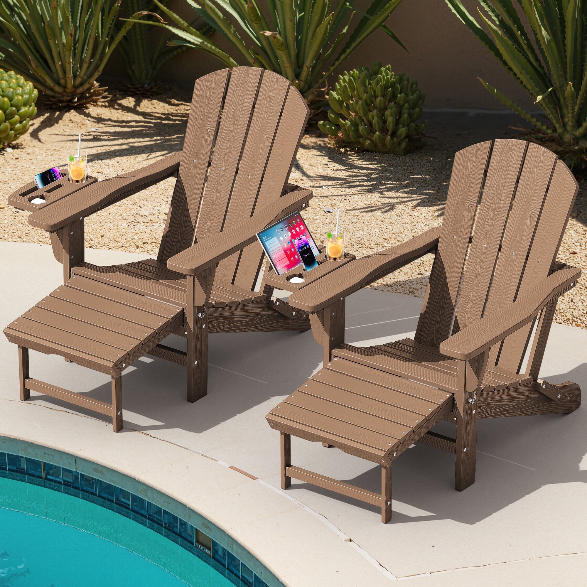 KINGYES Folding Adirondack Chair set of 2, Adjustable Backrest with Pull-Out Footrest & 4-in-1 Mobile Phone, Tablet, Cup Holder Tray, HDPE Plastic Adirondack Chair for Patio Garden Outdoors Fire Pit