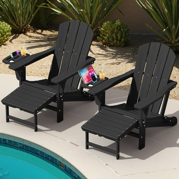 KINGYES Folding Adirondack Chair set of 2, Adjustable Backrest with Pull-Out Footrest & 4-in-1 Mobile Phone, Tablet, Cup Holder Tray, HDPE Plastic Adirondack Chair for Patio Garden Outdoors Fire Pit