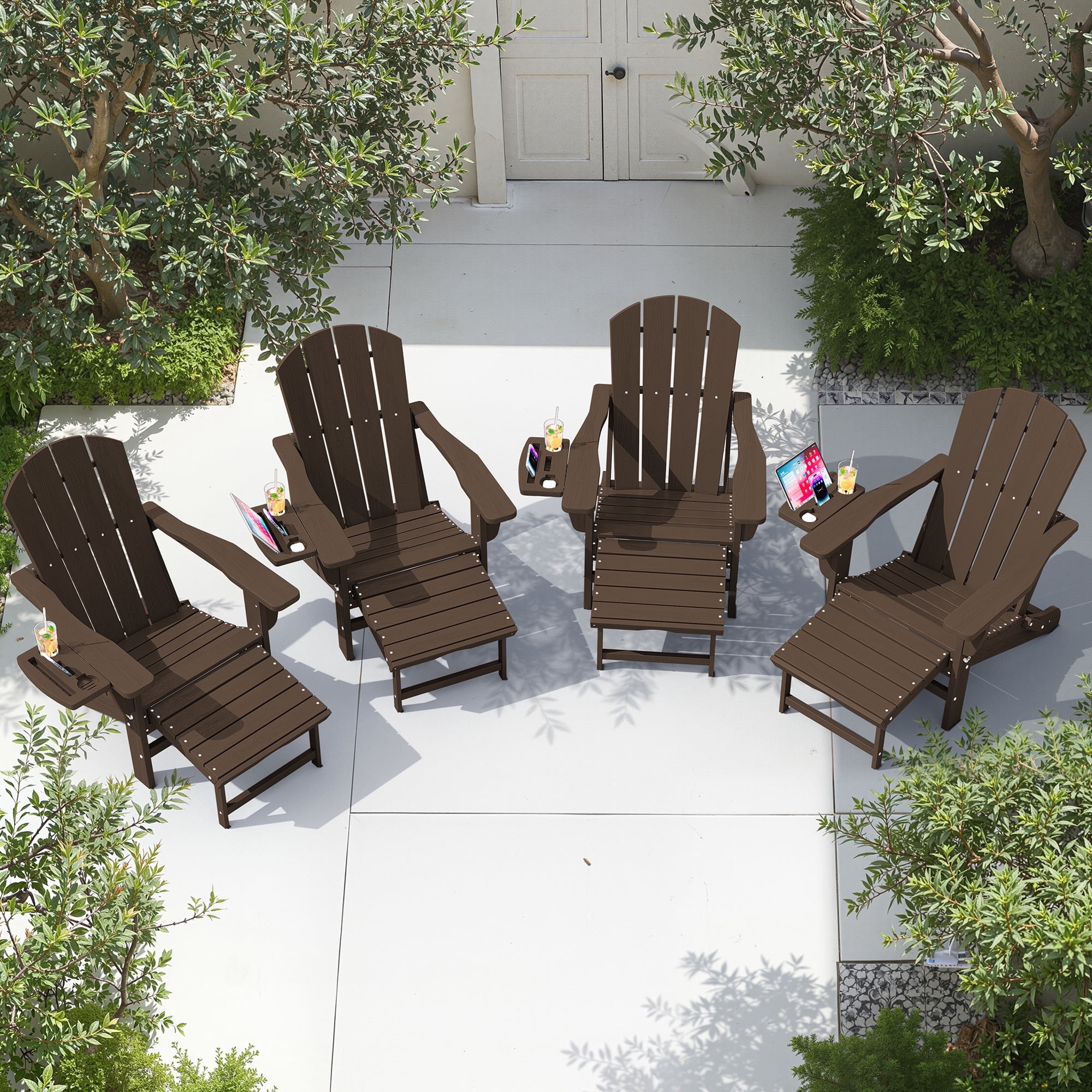 KINGYES Folding Adirondack Chair set of 4, Adjustable Backrest with Pull-Out Footrest & 4-in-1 Mobile Phone, Tablet, Cup Holder Tray, HDPE Plastic Adirondack Chair for Patio Garden Outdoors Fire Pit